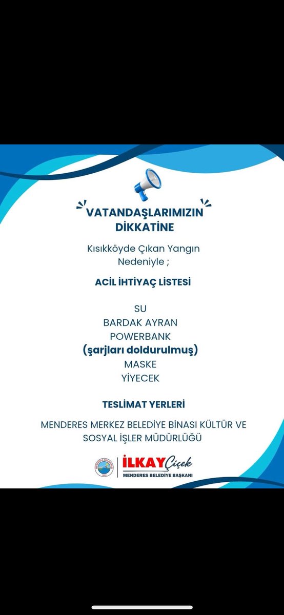 <a href="/izmirhavadurmu/">İzmir Hava Durumu</a> Kısıkköy’deki yangın için su ayran ihtiacı Belediye hizmet binasına teslim edilebilir #izmir yanıyor
