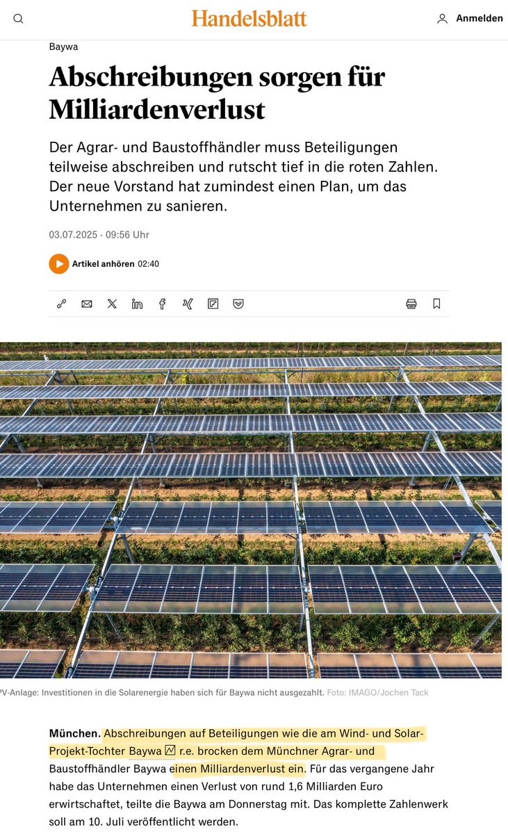 Wind und Sonne schicken keine Rechnung, heißt die Mutter aller Latrinenparolen bei den Grünen. Daß das nicht so ist mußte jetzt BayWa bitter lernen.

Baywa mit negativem Eigenkapital! Milliardenabschreibung auf Solar-Tochter reißt das Traditionshaus in die Verlustzone.
Grüne