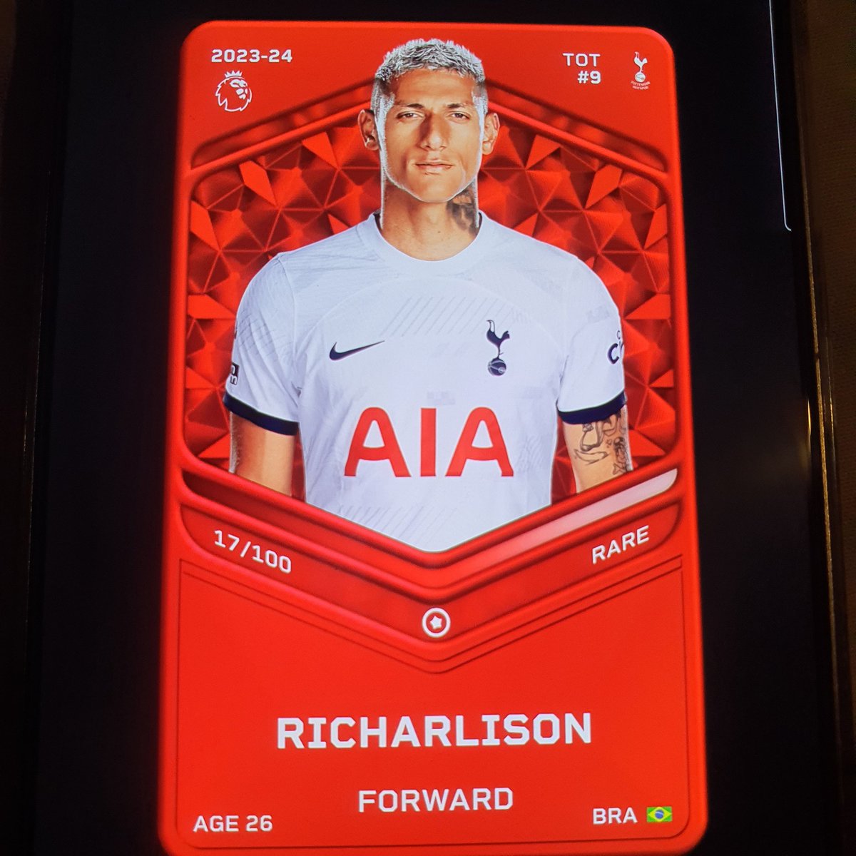 Sheriff_3_0's tweet photo. 🤠🤠I’m HYPED for Sorare 26🤠🤠

 Big Players to Win in Rare! Spread the Word! #Sorare

GIVEAWAY! (RICHARLISON)
We’re givin’ away to follower! To enter:
 Follow @moneybinmaster

 Like, RT, & named two friends in the comments

 I’ll DM the winner in 1 week! 
Good luck, partners!   #SorareGiveaway #Giveaways #NFT #FreeCard