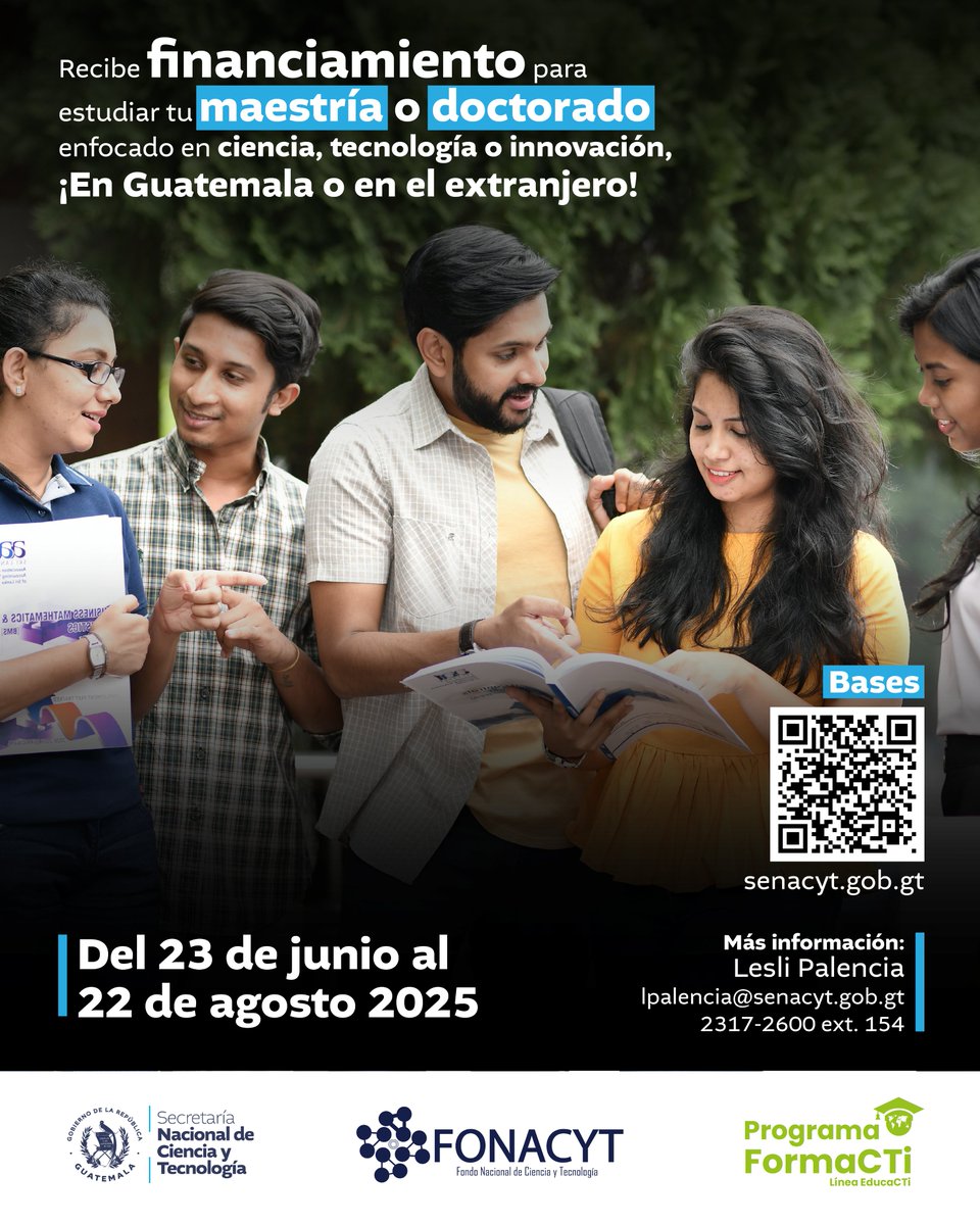 📚👨‍🏫👩‍🔬 ¿Quieres estudiar una maestría o doctorado enfocado en ciencia, tecnología e innovación?

Recibe apoyo económico complementario para realizar tus estudios en Guatemala o en el extranjero, a través del Fondo Nacional de Ciencia y Tecnología (#Fonacyt), mediante la línea de
