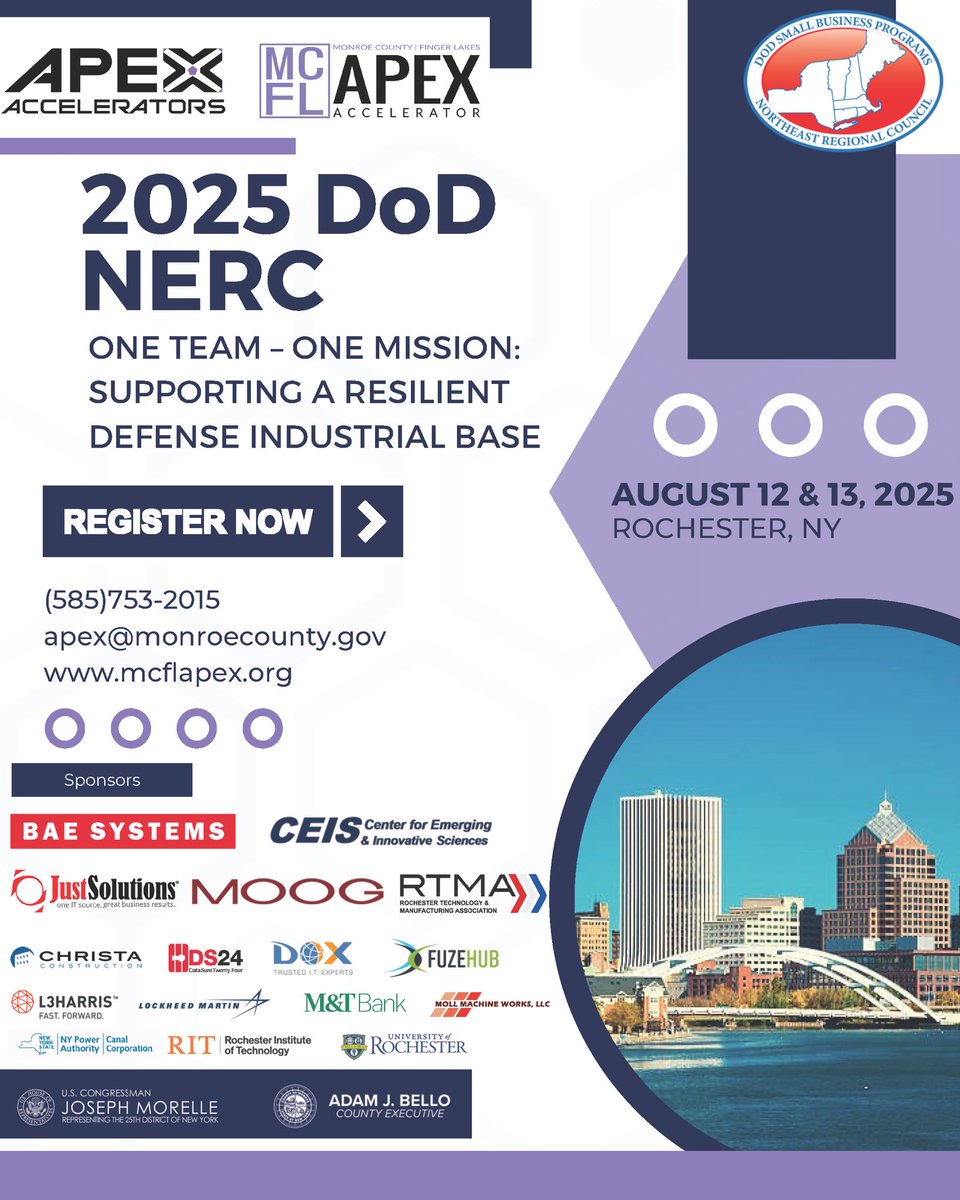 📣 Join us Aug 12–13 in Rochester, NY for the 2025 DoD NERC Conference &amp; Matchmaker!

✅ Meet gov agencies &amp; primes
✅ Matchmaking opens July 11
✅ Free pre-training July 10

Register: mcflapex.org/dod-nerc-25

#DoDNERC #govcon #smallbiz #defenseindustry