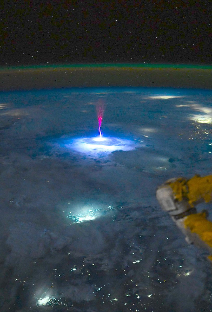 NASA Astronaut on ISS caught this sprite over Mexico and the U.S., this morning
Sprites are TLEs or Transient Luminous Events, that happen above the clouds and are triggered by intense electrical activity in the thunderstorms below.

We have a great view above the clouds, so