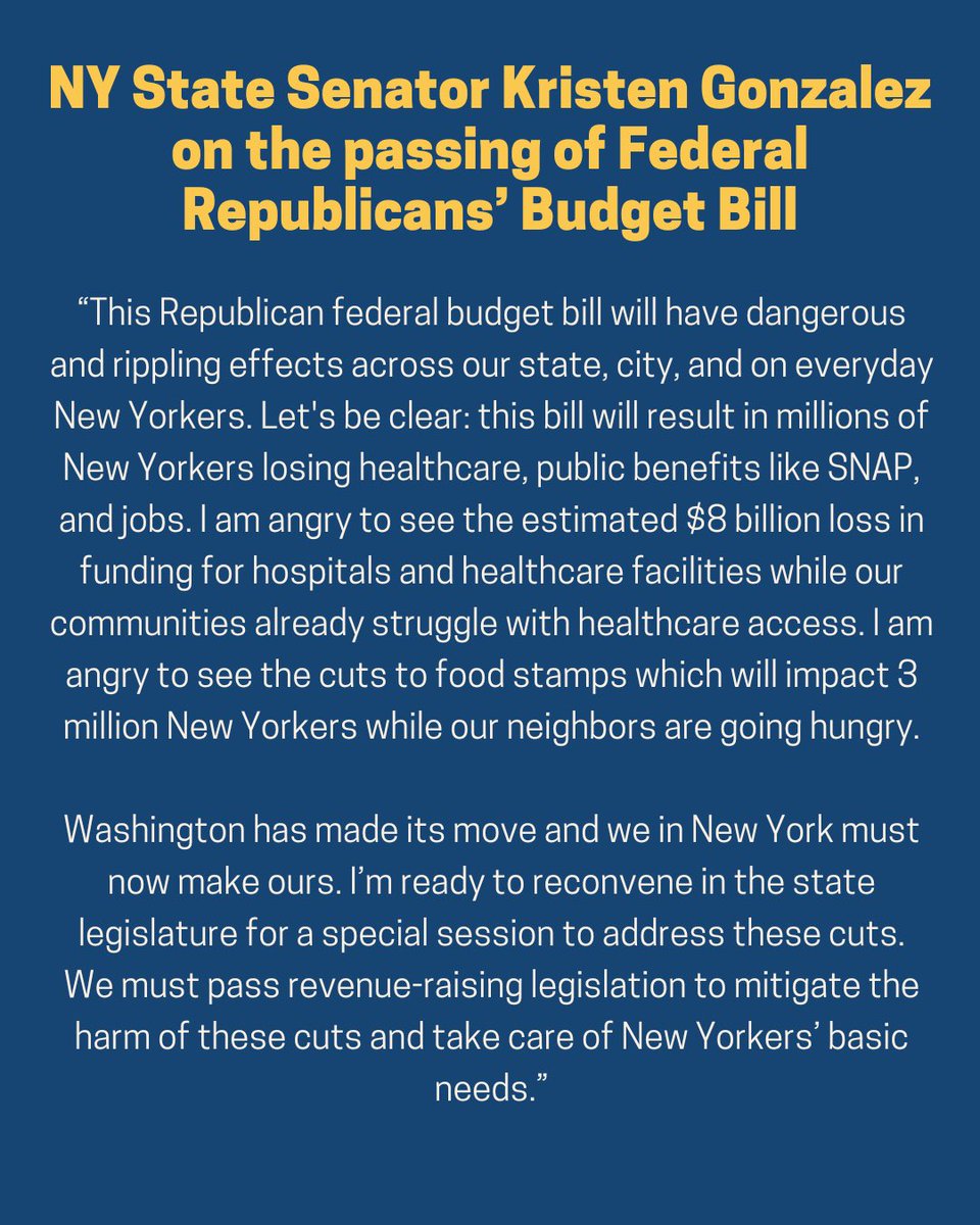 SenGonzalezNY's tweet image. My Statement on the passing of the Federal Republicans’ Budget Bill.