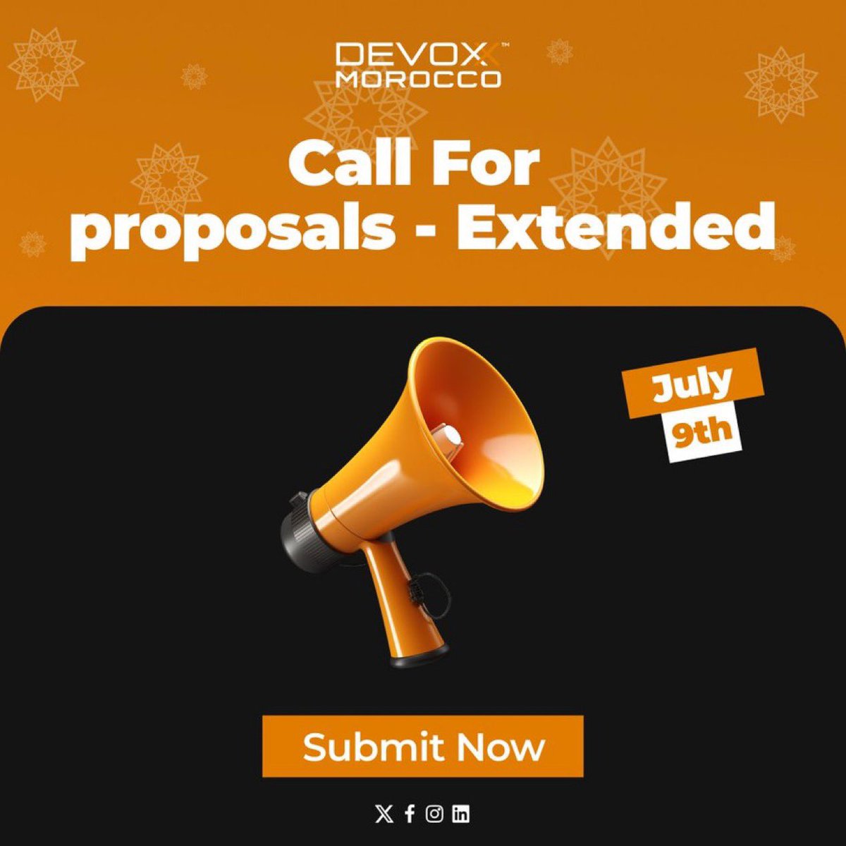 Geeksblabla Community (@geeksblabla) on Twitter photo LAST CHANCE! DevoxxMA CFP closes July 9th 🚨
Time’s running out to submit your talk proposal for <a href="/DevoxxMA/">DevoxxMa 🇲🇦 November 12-14, 2025</a>!
📝 Submit here: dvma25.cfp.dev/#/
Whether you’re into AI, cloud, DevOps, or any other tech topic - Let’s hear your ideas! Don’t let this chance to speak at LAST CHANCE! DevoxxMA CFP closes July 9th 🚨
Time’s running out to submit your talk proposal for <a href="/DevoxxMA/">DevoxxMa 🇲🇦 November 12-14, 2025</a>!
📝 Submit here: dvma25.cfp.dev/#/
Whether you’re into AI, cloud, DevOps, or any other tech topic - Let’s hear your ideas! Don’t let this chance to speak at