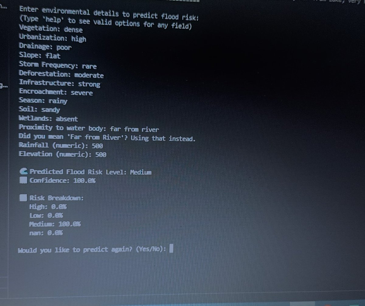 OpeyemiBolatit1's tweet photo. Just finished building a model that predicts flood risk based on environmental conditions. Input values, get predicted risk levels and confidence breakdowns. Thanks for the help my boy. 😂 @olathepavilion 
#buildinpublic
#AI https://t.co/ZqqTzP0HDA