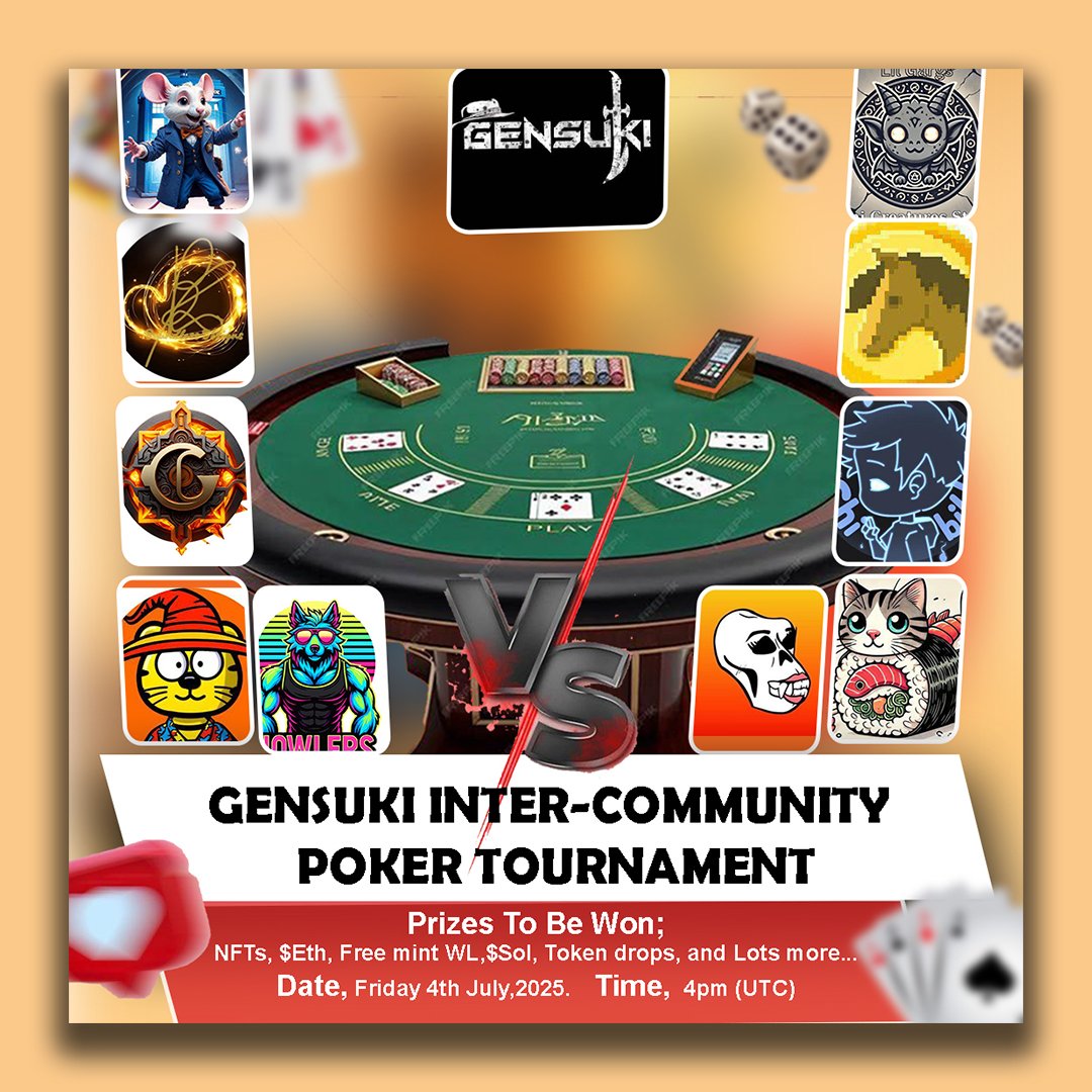 GENSUKI ⚡️ (@gensuki_) on Twitter photo GENSUKI INTERCOMMUNITY POKER GAME TOURNAMENT.
Happening in our server: discord.com/invite/v9gcYT2…
It's going to be an interesting game with our partner projects and sponsors:
<a href="/8BOUNDLESS/">8BOUNDLESS8DESIGNS8</a>
<a href="/_topcats/">tOPCATs</a>
<a href="/lilgargs88/">Mini Creature Studio</a>
<a href="/G_ConquestRTS/">GalacticConquest</a>
<a href="/AngelusbobRh/">AngelusBoBs | Howlers | SOLD OUT!!!!</a>
<a href="/chibikko_nft/">Chibikko 『 FREE MINT 』</a>
<a href="/NigiriNekoToken/">NigiriNEKO</a> GENSUKI INTERCOMMUNITY POKER GAME TOURNAMENT.
Happening in our server: discord.com/invite/v9gcYT2…
It's going to be an interesting game with our partner projects and sponsors:
<a href="/8BOUNDLESS/">8BOUNDLESS8DESIGNS8</a>
<a href="/_topcats/">tOPCATs</a>
<a href="/lilgargs88/">Mini Creature Studio</a>
<a href="/G_ConquestRTS/">GalacticConquest</a>
<a href="/AngelusbobRh/">AngelusBoBs | Howlers | SOLD OUT!!!!</a>
<a href="/chibikko_nft/">Chibikko 『 FREE MINT 』</a>
<a href="/NigiriNekoToken/">NigiriNEKO</a>