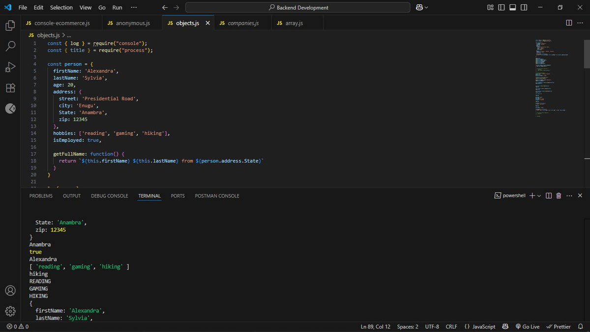 So for today........I studied the basic concepts of JavaScript Objects.

Just like arrays, they are used to store items of different datatypes but as key-value pairs which can be referenced or modified whenever needed.
Just like the arrays also, Objects also consist of methods.