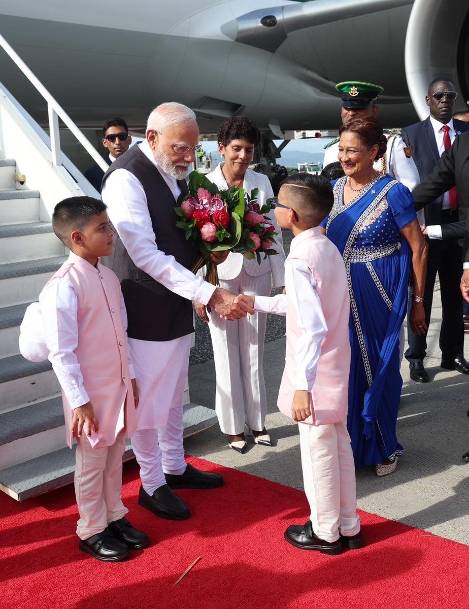 narendramodi's tweet photo. Landed in Port of Spain, Trinidad & Tobago. I thank Prime Minister Kamla Persad-Bissessar, distinguished members of the Cabinet and MPs for the gesture of welcoming me at the airport. This visit will further cement bilateral ties between our nations. Looking forward to addressing a community programme in a few hours from now.