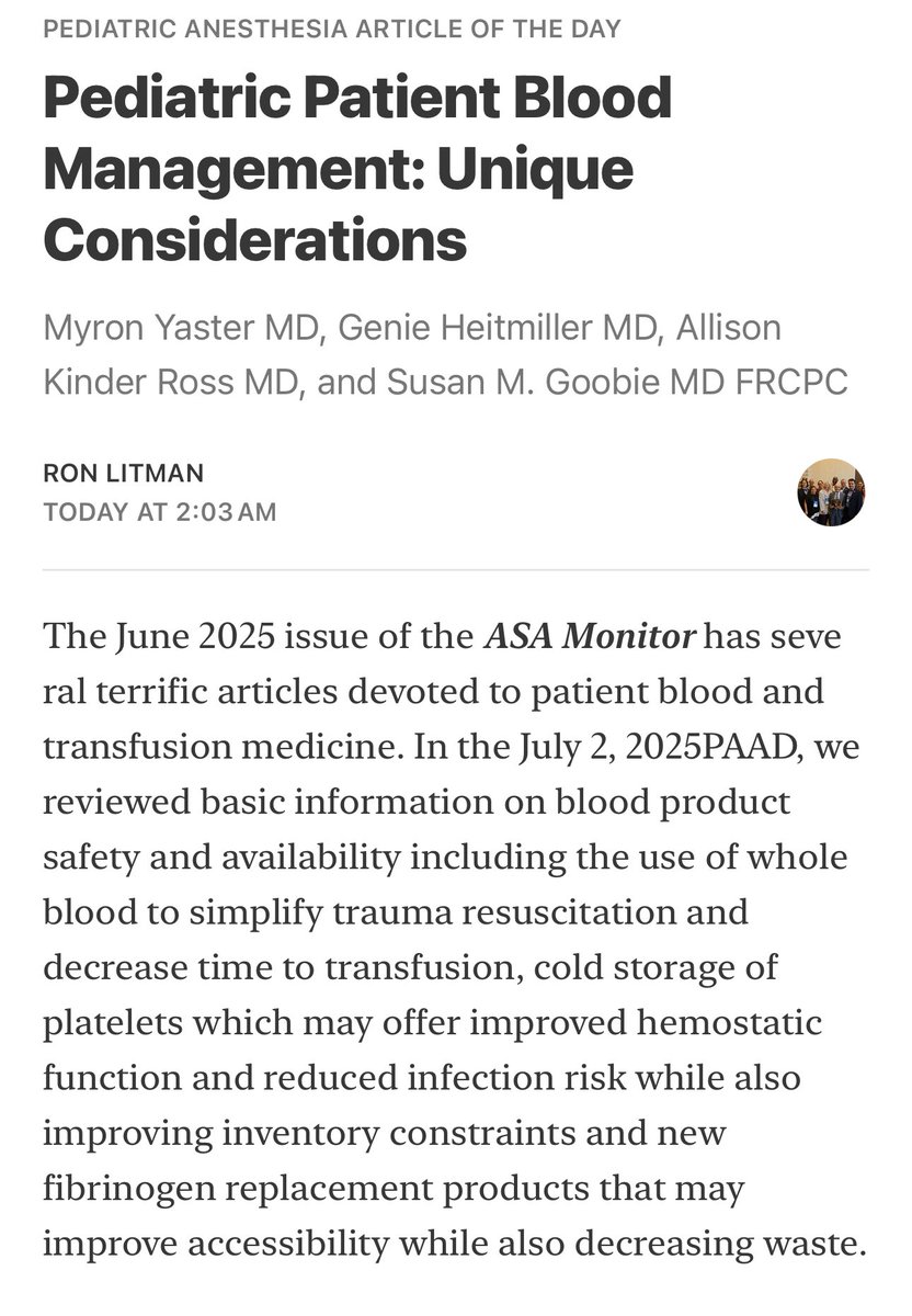 Pediatric Anesthesia Article of the Day 

Pediatric Patient Blood Management: Unique Considerations

Myron Yaster MD, Genie Heitmiller MD, Allison Kinder Ross MD, and Susan M. Goobie MD FRCPC

open.substack.com/pub/ronlitman/…

#PedsAnes #PedsPain #PedsCardsAnes #PedsICU #MedEd #PAAD