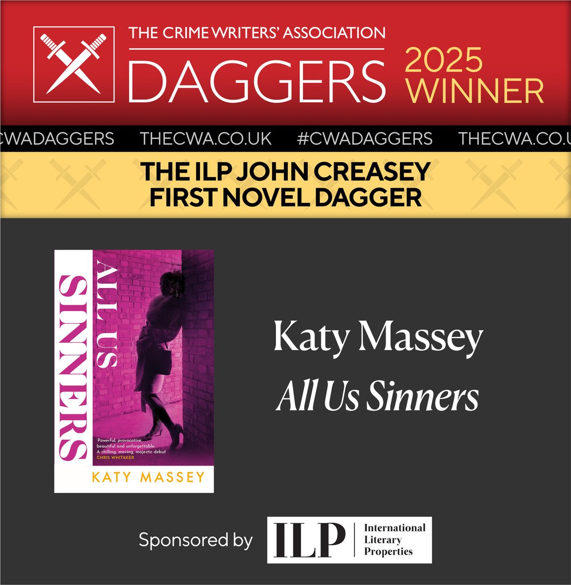 🗡#CWADaggers
And the ILP John Creasey First Novel Dagger 2025 WINNER is…

KATY MASSEY, for ‘All Us Sinners’
(Sphere)