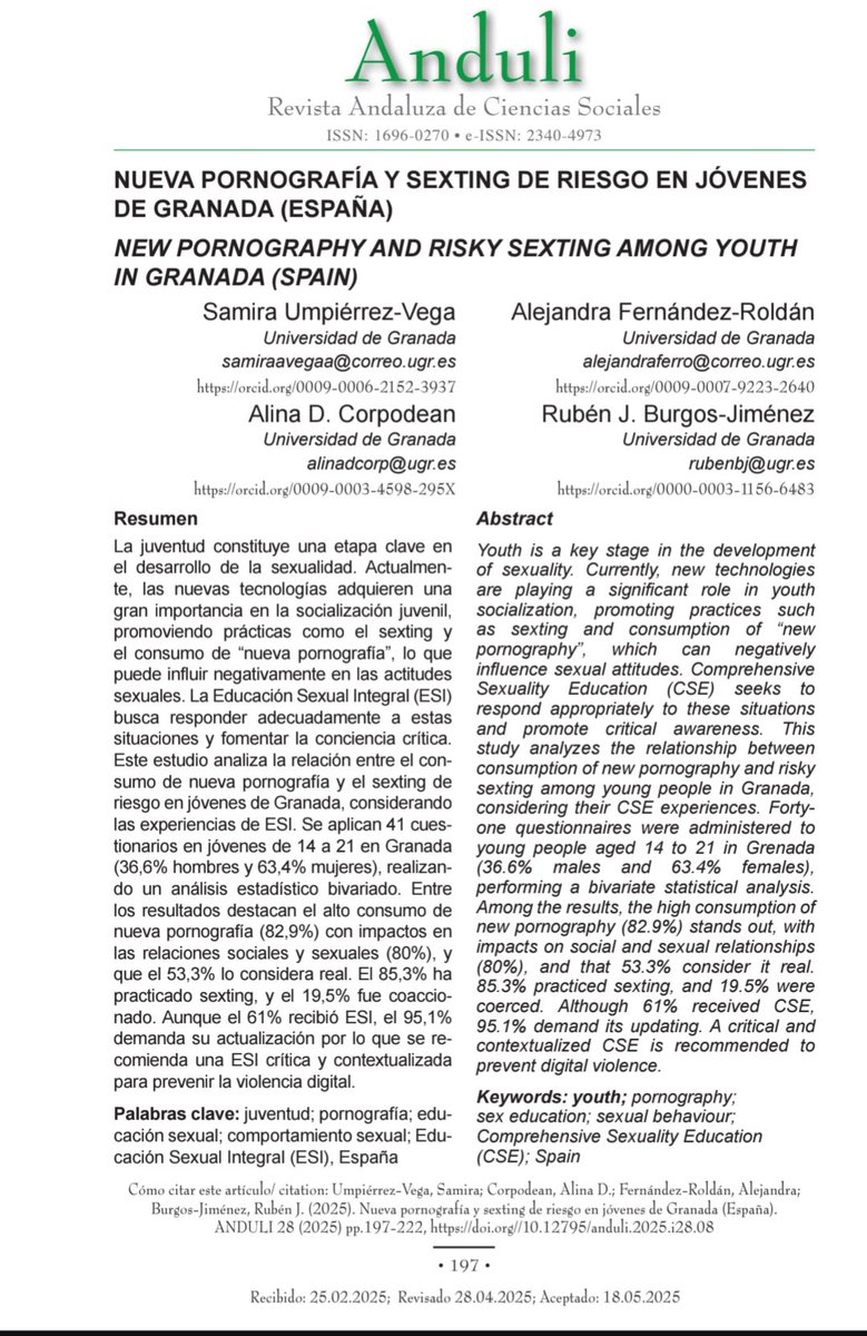 📢 ¡Con mucha alegría anunciamos la publicación del artículo Nueva pornografía y sexting de riesgo en jóvenes de Granada por nuestros compañeros Rubén Burgos, Alina Daiana, Samira Umpierrez y Alejandra Fernández!
🔗 dialnet.unirioja.es/servlet/articu…

#Investigación #Sexting #Juventud