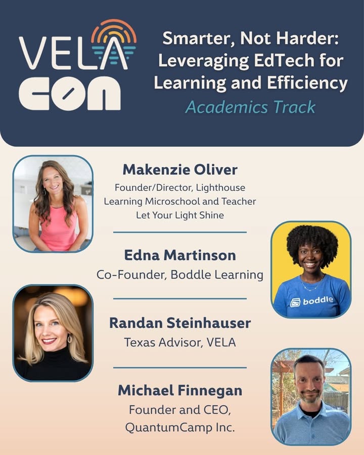 VELAorg's tweet image. ✨ VELA Con programming showcase | Academics track: Get ready for “Smarter, Not Harder: Leveraging EdTech for Learning and Efficiency” featuring Makenzie Oliver, Edna Martinson, Randan Steinhauser and Michael Finnegan.
---
VELA Con is a national conference for bold founders who…
