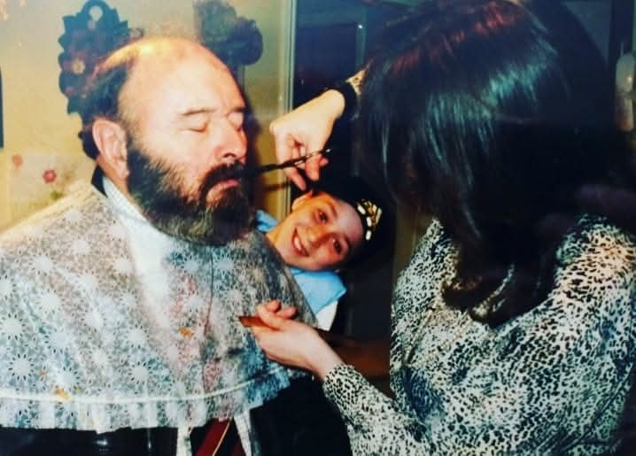 I've turned my hand to many things, but cutting my father's hair &amp; #beard was always fun. Gave us a chance to chat &amp; put the #world to rights 💜 This was around 1997 where does the time go 😳?! 
My #father died 6 years ago
Love my #daughter Georgina peeping through 💕
#missyou