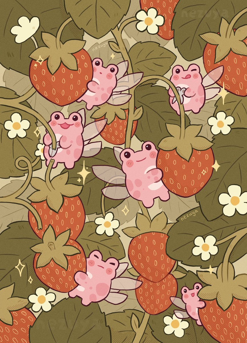 nezuya_'s tweet photo. Strawberry harvest 🍓 The little pink strawberry frogs are busy picking this year's strawberries ~ https://t.co/xjiPevbTE2