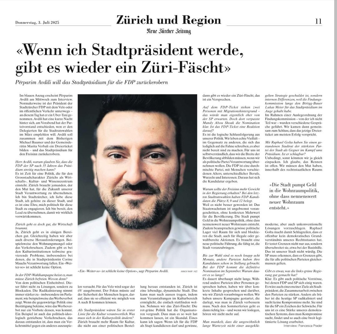 PerparimAvdili's tweet image. Nüme farblos, nüme muetlos, nüme ohni Spirit - Züri wott läbe, Züri wott au s'Züri Fäscht!
Mein ganzes Interview zu meiner Bewerbung als Stapi vo Züri in der @NZZ
@mehblau