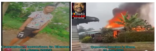 AgovCHHS89399's tweet photo. June 24, 2023, Ekona, SOUTHERN Ambazonia: Cameroon Occupational Forces attacked the local community. They Abducted 5 Unarmed Civilians, Injured them with an axe, and Set Fire on Stores and several Homes, Leaving many people injured and in distress.
#Constitute War Crimes @IHL https://t.co/8oSCLfoZuq