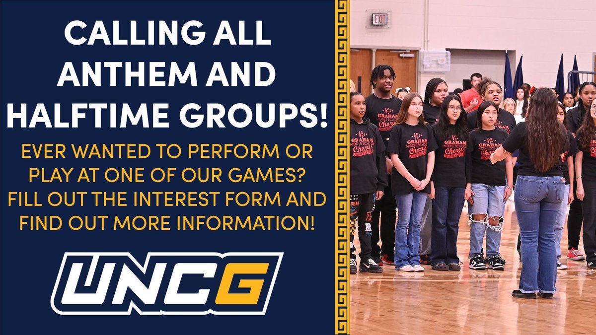 ✨ Want to shine at UNCG Athletics events?✨  Perform the national anthem or at halftime! 🎶 We're seeking performance groups &amp; 🏀 youth teams. Show your interest today! Fill out the form here: forms.office.com/r/Es4yqgJpDK