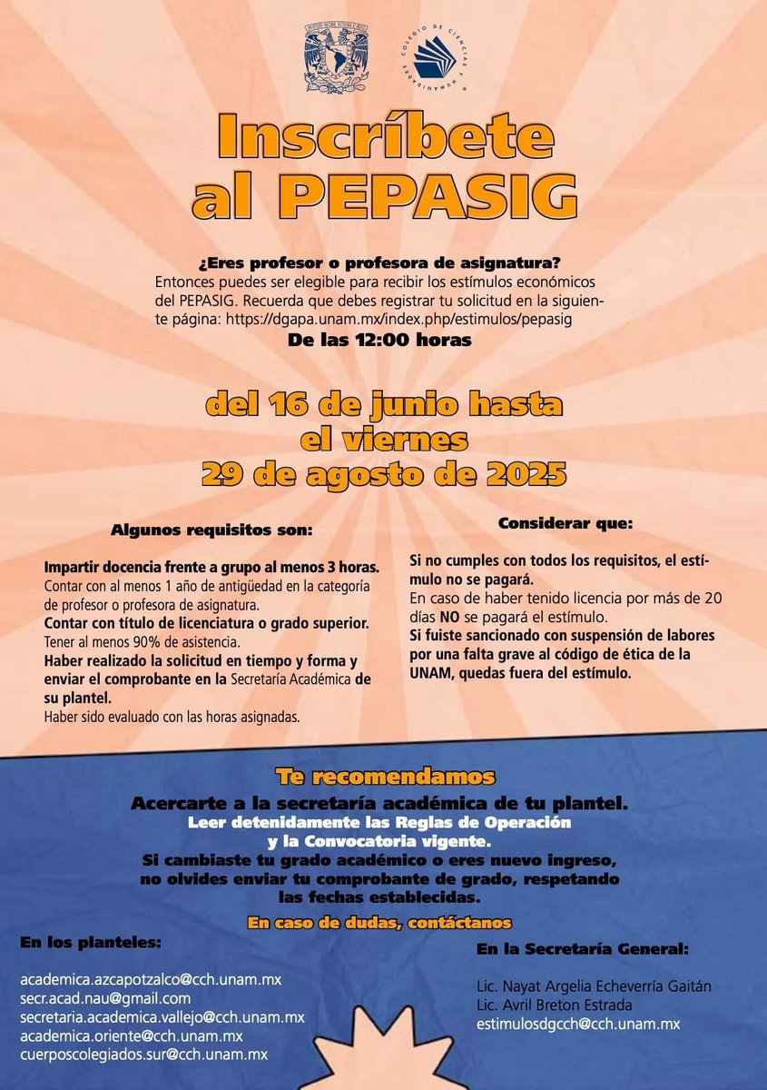 📣 ¡¡¡CONVOCATORIA!!! 📣

Si eres profesor@ de Asignatura en nuestro Colegio... 👩‍🏫👨🏻‍🏫

¡Regístrate en el Programa de Estímulos a la Productividad y al Rendimiento del Personal Académico de Asignatura (PEPASIG)! ⬇️

dgapa.unam.mx/index.php/esti…

 🗓️  Del 16 de jun. al 29 de ago. de 2025