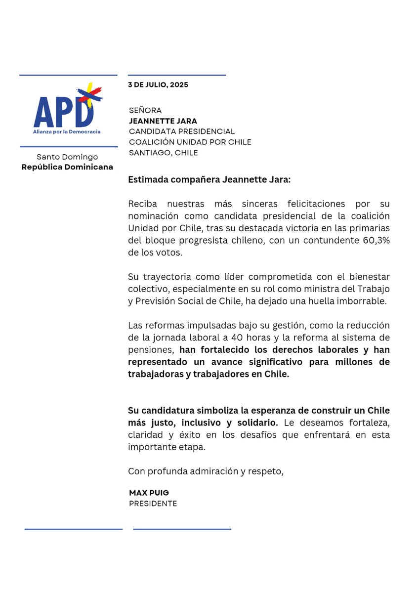 Mis felicitaciones a <a href="/Jeannette_jara/">Jeannette Jara Román</a> y a la Unidad por Chile 🇨🇱
