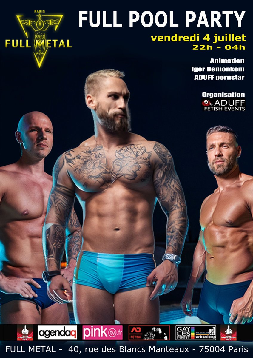 Full Metal (@fullmetalparis) on Twitter photo C'est un week-end de folie que nous propose <a href="/ADUFF_NET/">ADUFF® EVENTS 🔜 casting and movies</a> pour commencer la saison estivale au <a href="/FullMetalDav/">FullMetalParis David</a>
Le vendredi 4, FULL POOL PARTY, <a href="/IDemonkom/">Igor Demonkom</a> t'invite à venir jouer en maillot de bains ,slip, jocks ou à poils et le samedi 5 on fête les 20 ans des soirées d'Aduff C'est un week-end de folie que nous propose <a href="/ADUFF_NET/">ADUFF® EVENTS 🔜 casting and movies</a> pour commencer la saison estivale au <a href="/FullMetalDav/">FullMetalParis David</a>
Le vendredi 4, FULL POOL PARTY, <a href="/IDemonkom/">Igor Demonkom</a> t'invite à venir jouer en maillot de bains ,slip, jocks ou à poils et le samedi 5 on fête les 20 ans des soirées d'Aduff