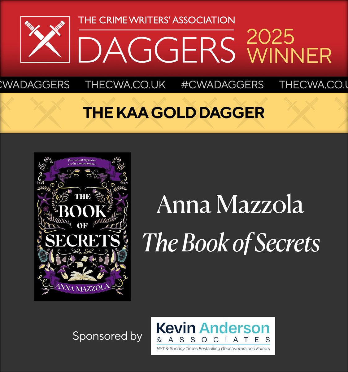 🗡#CWADaggers
And the KAA Gold Dagger 2025 WINNER is…

ANNA MAZZOLA, for ‘The Book of Secrets’
(Orion)