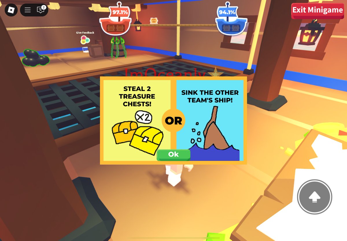 OceanlyandPanda's tweet image. Tested a future minigame in Adopt Me (Summer event?)

⚓️sink the other team’s boat using cannonballs
🏴‍☠️claim treasure chests from the other boat (like capture the flag)
⚔️use swords to fling the other team players
💧plug leaks in your boat to stop it from sinking