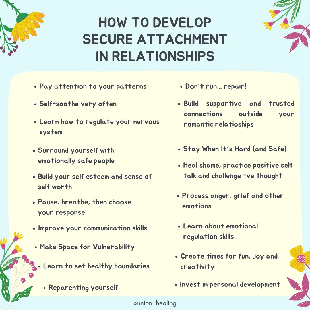 union_healing's tweet photo. Tips to Develop a Secure Attachment Style 👏🏾. With consistent practice, deep self-awareness, and steady patience, you can rewire how you connect 🤍 https://t.co/8C2Iym6Oo8
