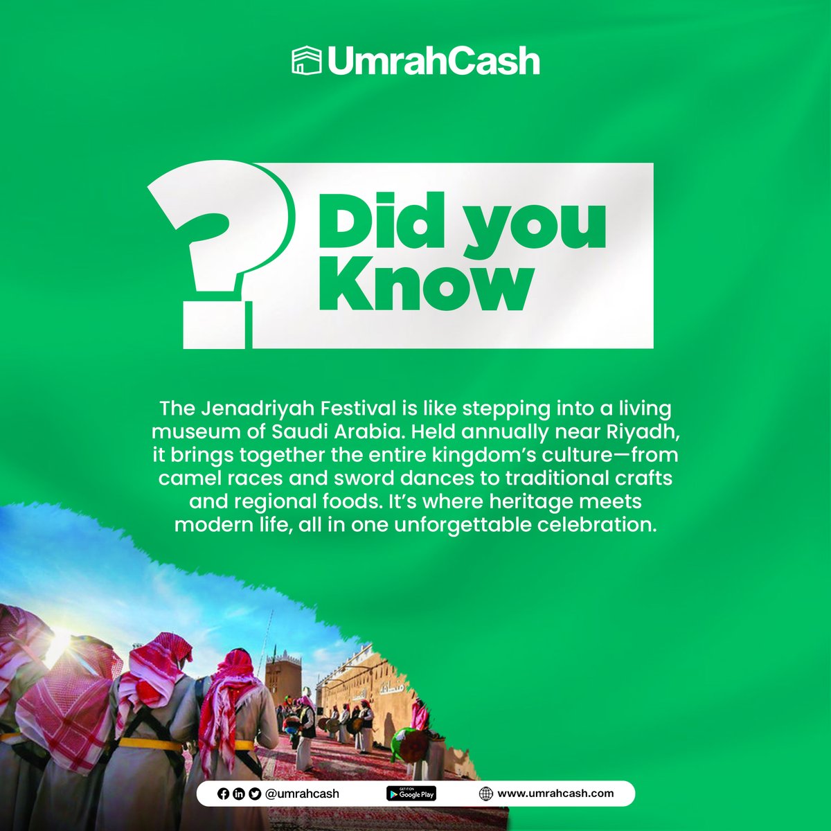 UmrahCash's tweet photo. Few events capture Saudi culture like the Jenadriyah Festival 🇸🇦—a vibrant showcase of heritage, from camel races to Ardah sword dances and handcrafted treasures.

A living museum of tradition and pride.

Which cultural festival is on your bucket list? 👇
#SaudiCulture #Jenadriyah