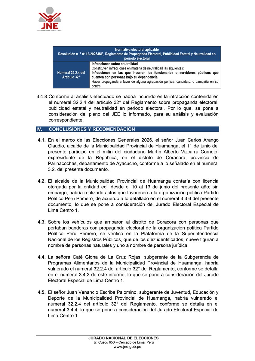<a href="/JNE_Peru/">JNE Perú</a> confirma reportaje de <a href="/elfoco_pe/">El Foco</a> y <a href="/Estacion_Wari/">Estación Wari</a>: Alcalde Juan Carlos Arango y dos funcionarios de Huamanga participaron en mítines de Vizcarra en Ayacucho vulnerando la neutralidad electoral y usando horas laborales. El informe irá al Pleno para decidir sanciones.