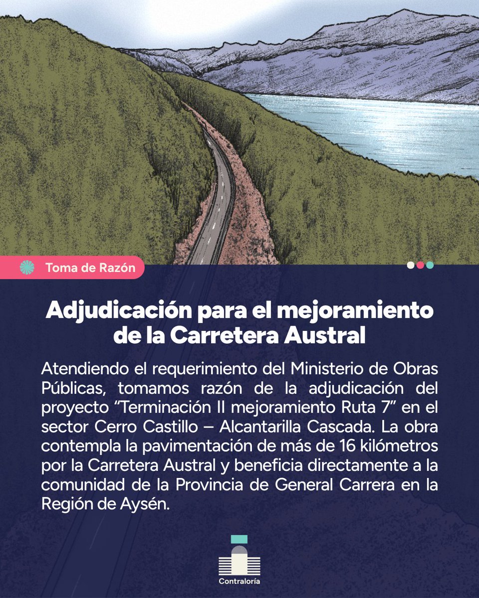 Contraloriacl's tweet image. 🟢TOMA DE RAZÓN | De la adjudicación del proyecto “Terminación II mejoramiento Ruta 7” en el sector Cerro Castillo, Región de Aysén.
La nota acá 👉🏼 bit.ly/3IdANRx
