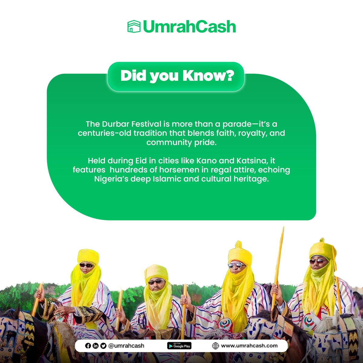 UmrahCash's tweet image. Power, pageantry, and tradition—few events capture Nigeria’s spirit like the Durbar Festival 🇳🇬

Held during Eid in cities like Kano &amp;amp; Katsina, it's a dazzling display of horsemanship, faith &amp;amp; unity.

🏇 Ever witnessed a Durbar? Share your favorite memory!

#Durbar #Nigeria