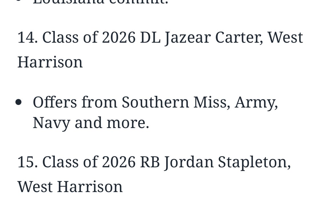 West Harrison Football (@westharrisonfb) on Twitter photo Congratulations to our guy <a href="/Jazear_Carter/">Jazear Carter</a> and <a href="/Jordancalvin45/">Jordan Stapleton</a>
Making the <a href="/sunherald/">Sun Herald</a> 15 players to watch on Mississippi Gulf Coast. Congratulations to our guy <a href="/Jazear_Carter/">Jazear Carter</a> and <a href="/Jordancalvin45/">Jordan Stapleton</a>
Making the <a href="/sunherald/">Sun Herald</a> 15 players to watch on Mississippi Gulf Coast.