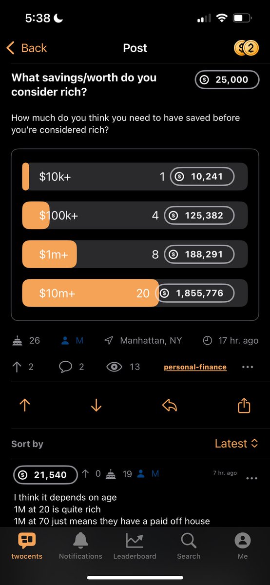lindaxie's tweet photo. Wow @twocents built by @Nexuist is super cool. Instead of usernames it shows the person's net worth (pulled from their bank accounts, crypto addresses, etc). Makes for interesting content and polls https://t.co/th9sMTP1bk
