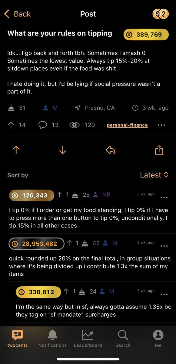 lindaxie's tweet photo. Wow @twocents built by @Nexuist is super cool. Instead of usernames it shows the person's net worth (pulled from their bank accounts, crypto addresses, etc). Makes for interesting content and polls https://t.co/th9sMTP1bk