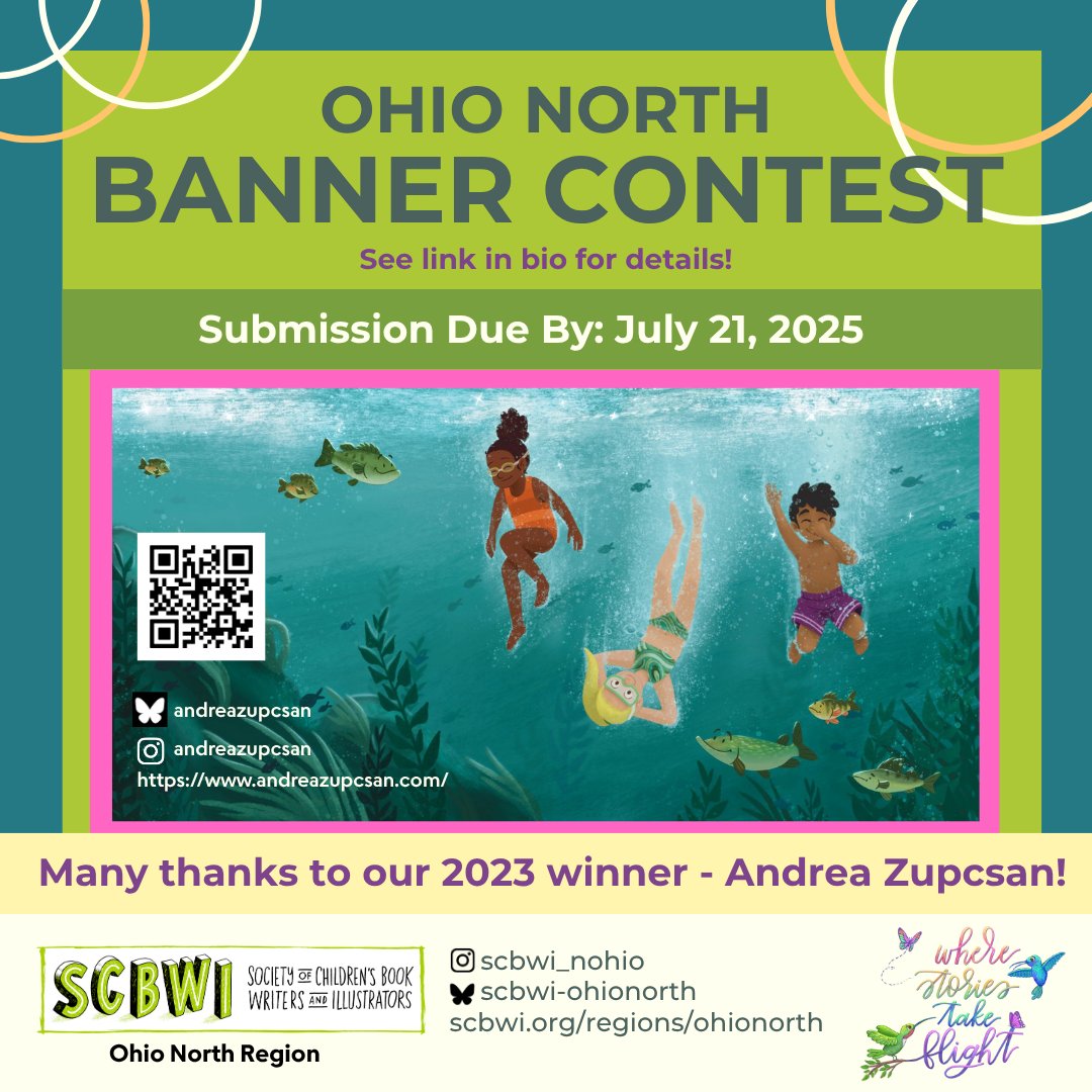 It’s time to update our website banner - with a CONTEST! Deadline is MONDAY, JULY 21st!

Many thanks to 2023 winner <a href="/Andrea_Zupcsan/">Andrea Zupcsan</a> for her lovely banner of kids swimming in Lake Erie! 

#SCBWIOhioNorth encourages illustrators to submit. 

INFO: scbwi.org/regions/ohiono…