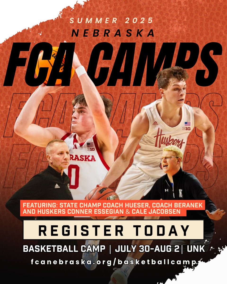 State Champ Coach Hueser &amp; Coach Beranek are back again this year and they'll be joined by Huskers Basketball players Conner Essegian and Cale Jacobsen for FCA Basketball Camp at UNK July 30 - Aug. 2, 2025. #FCAGLORY #FCAcamp #basketballcamp
fcanebraska.org/basketballcamp
