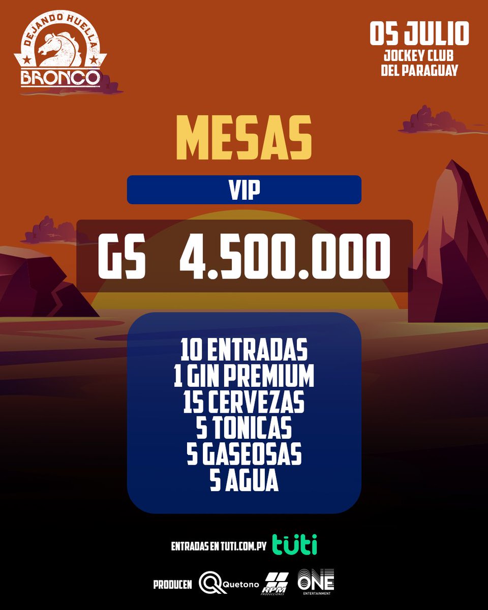 🚨ÚLTIMAS MESAS DISPONIBLES 🚨

🔥 Primera y Segunda Fila AGOTADAS
💎 Premium: 95% VENDIDAS
✨ VIP: 90% VENDIDAS
🐎 Mesas Bronco AGOTADAS

Podes comprar en tuti.com.py y en todos los puntos de venta de <a href="/tuti_py/">tuti</a> también al (WhatsApp) 📲 +595 984 500505

💳 Con tarjetas