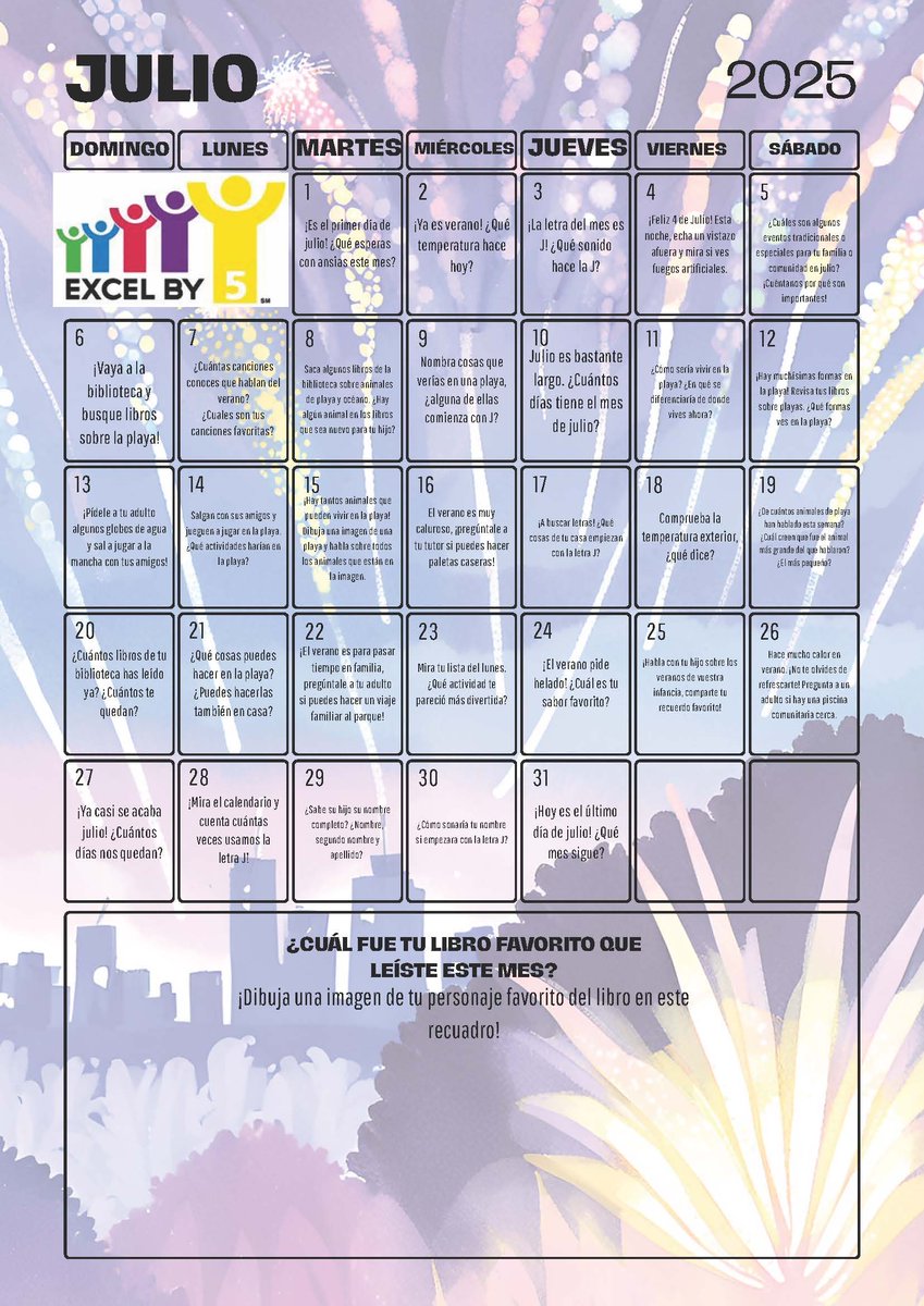 Pack your summer full of fun AND learning with this month’s school readiness calendar! 😎🍉🎆📚
