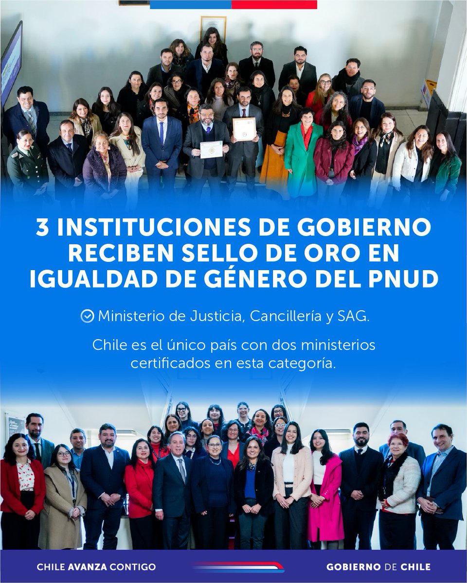 Gobierno de Chile (@gobiernodechile) on Twitter photo ¡Oro en igualdad de género! 🏅
El <a href="/PNUDChile/">PNUD Chile</a> otorgó esta certificación a tres instituciones de Gobierno. Con esto, reafirmamos nuestro compromiso con la equidad, la no discriminación y la construcción de un Estado más inclusivo. ¡Oro en igualdad de género! 🏅
El <a href="/PNUDChile/">PNUD Chile</a> otorgó esta certificación a tres instituciones de Gobierno. Con esto, reafirmamos nuestro compromiso con la equidad, la no discriminación y la construcción de un Estado más inclusivo.