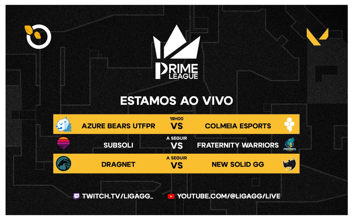 Liga GG (@ligagg_) on Twitter photo VALORANT PRIME LEAGUE!
Bora que vai começar, mais um dia de VPLA!
<a href="/cntrlfps/">Hugo Araujo</a> e <a href="/MegaWulfS2/">Henrique Rézio</a>
Ao vivo <a href="/subsoligg/">Subsoli</a> x <a href="/FWE_Sports/">Fraternity Warriors E-Sports</a>
A Seguir <a href="/dragnettgg/">DragneT</a> x <a href="/NewSolidGG/">New Solid GG</a>
twitch.tv/ligagg_ VALORANT PRIME LEAGUE!
Bora que vai começar, mais um dia de VPLA!
<a href="/cntrlfps/">Hugo Araujo</a> e <a href="/MegaWulfS2/">Henrique Rézio</a>
Ao vivo <a href="/subsoligg/">Subsoli</a> x <a href="/FWE_Sports/">Fraternity Warriors E-Sports</a>
A Seguir <a href="/dragnettgg/">DragneT</a> x <a href="/NewSolidGG/">New Solid GG</a>
twitch.tv/ligagg_