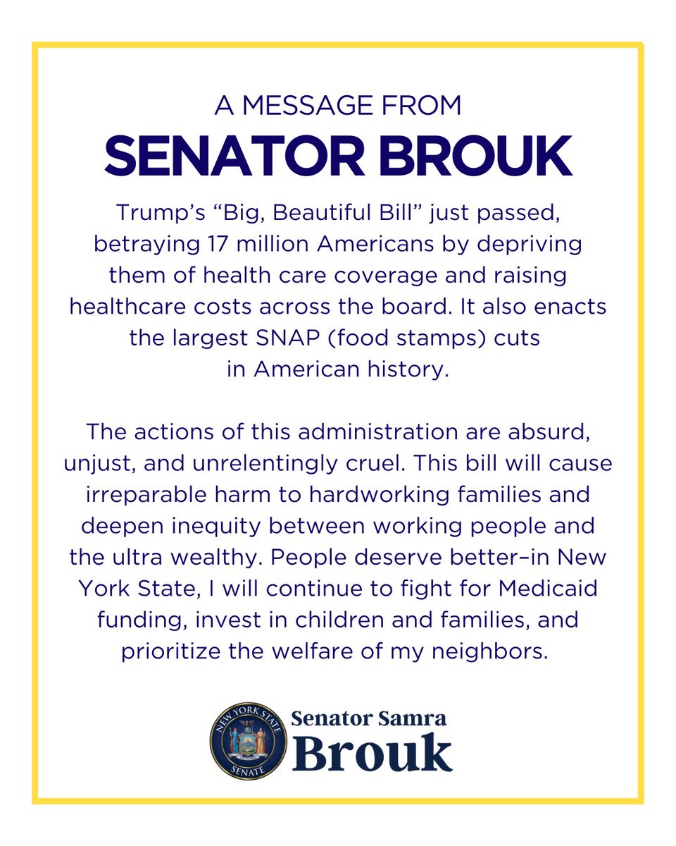 SenatorBrouk's tweet image. My statement on Congress' passage of Trump's domestic policy bill.
