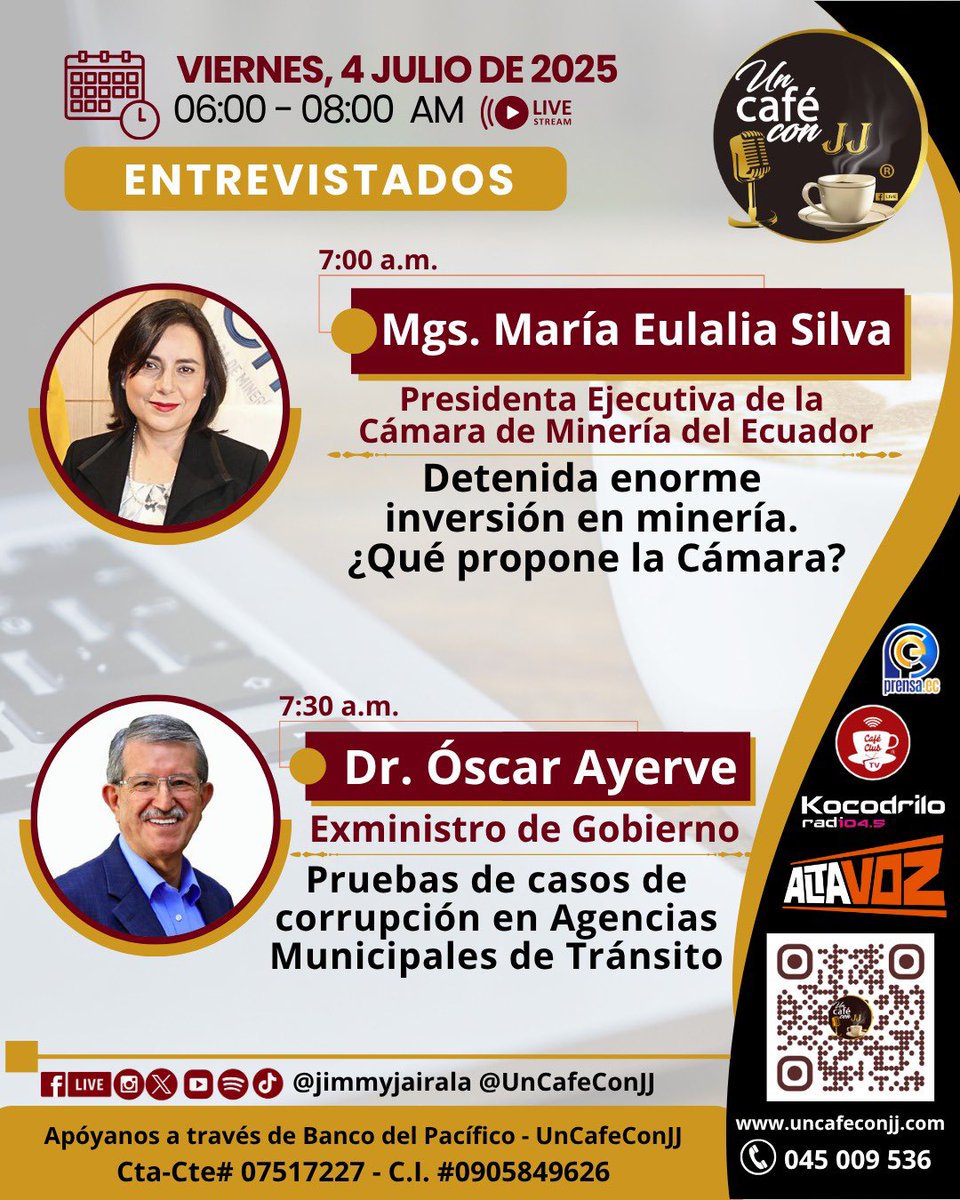 🗒️LOS INVITADOS DEL VIERNES 4 DE JULIO EN <a href="/UnCafeConJJ/">Un Café con JJ</a> 
<a href="/Altavozecu/">Altavozecu</a> <a href="/CafeClub_Lat/">CafeClubTv</a> <a href="/PrensaEc1/">PrensaEc</a> <a href="/JuanSJairala/">Juan Sebastian Jairala</a>