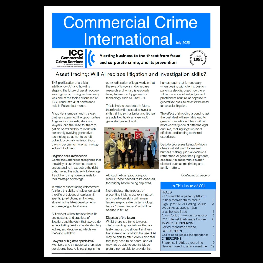 From AI-powered asset recovery to rising cybercrime, the July issue of #CommercialCrimeInternational is packed with key insights.
🔹 #AI &amp; #Fraud
🔹 #AssetRecovery
🔹 #Cyberthreats
🔹 #CorruptionRisks
🔹 #Moneylaundering

Read the full bulletin: linkedin.com/feed/update/ur…