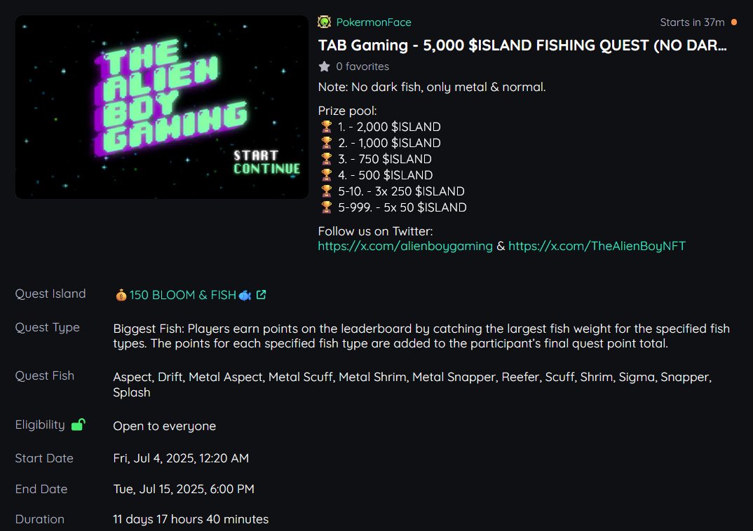 We are running another 5,000 $ISLAND fishing quest in <a href="/niftyisland/"></a>!

Make sure to join here: 
niftyisland.com/quests/2df233b… 

Good luck everyone!