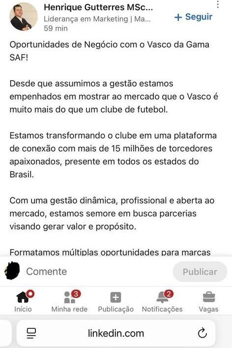 futebol_info's tweet photo. Após fazer anúncio no LinkedIn em busca de parceiros comerciais para o Vasco, Henrique Gutterres é demitido do clube.

Henrique exercia a função de diretor executivo de marketing e comercial do Cruzmaltino.

🗞 @expresso1923 
📸 Divulgação