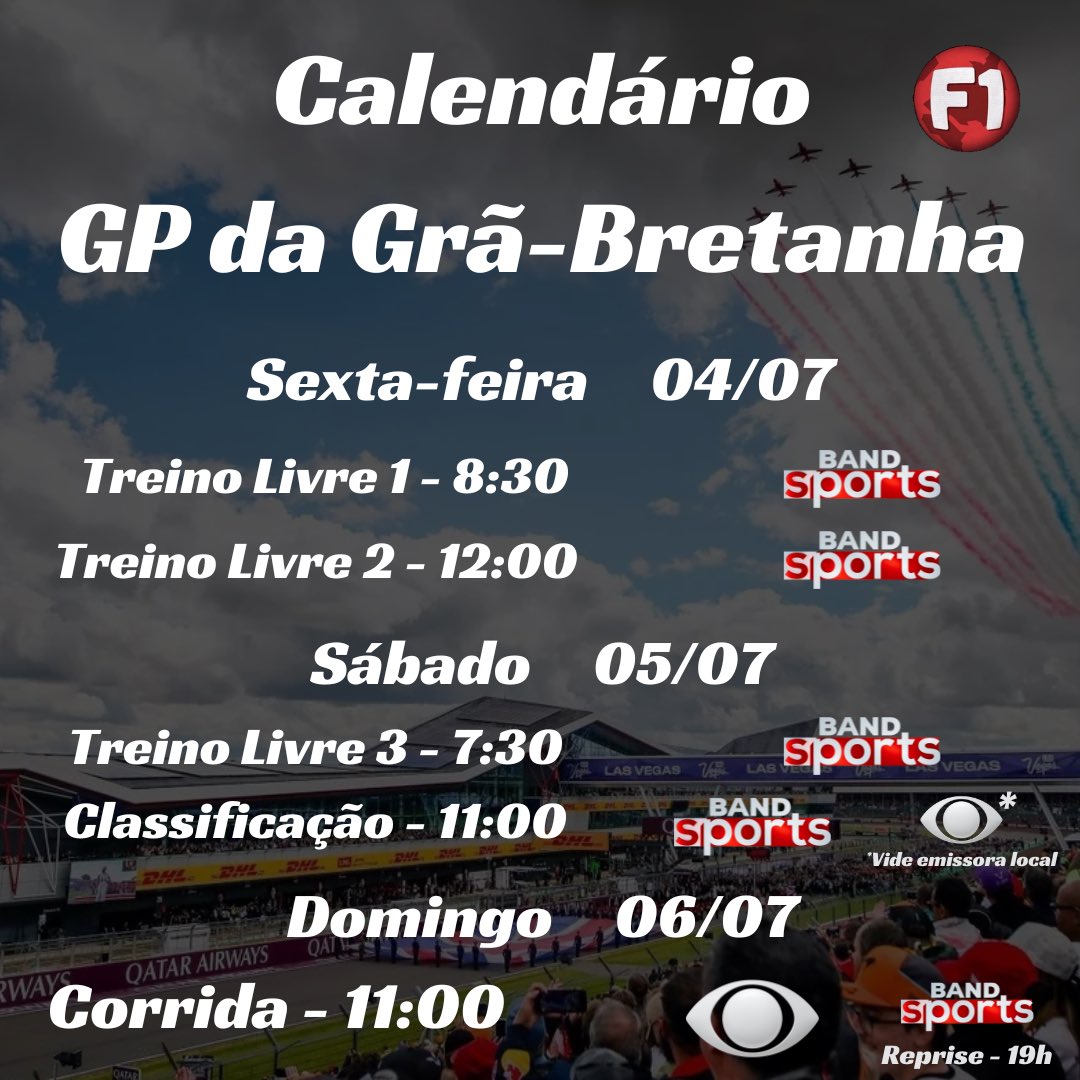 Há 75 anos, a Fórmula 1 teve sua primeira corrida em Silverstone. Neste final de semana, a categoria volta para mais um GP da Grã-Bretanha no tradicional circuito inglês!

Confira os horários 

#F1 #BritishGP 🇬🇧