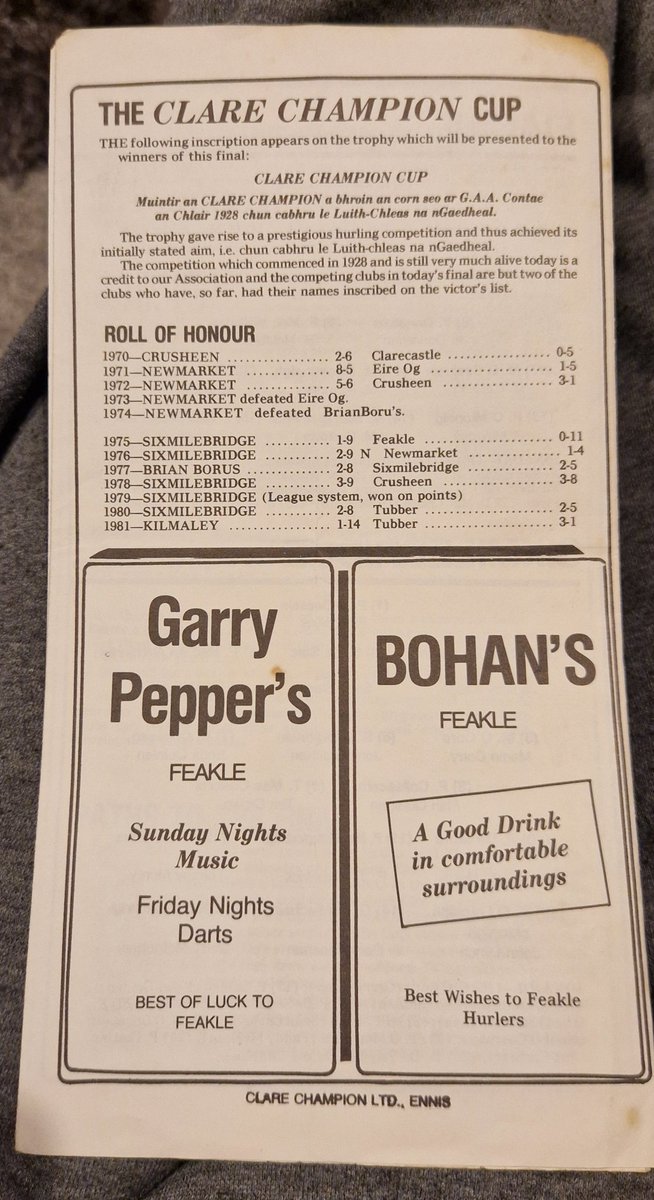 Clare Gaa (@gaaclare) on Twitter photo This weeks throwback is the programme from the 1982 Clare Champion Cup final between <a href="/feaklegaa/">Feakle Gaa</a> and <a href="/SMBGAA/">Sixmilebridge GAA</a> . #throwbackClareGaa This weeks throwback is the programme from the 1982 Clare Champion Cup final between <a href="/feaklegaa/">Feakle Gaa</a> and <a href="/SMBGAA/">Sixmilebridge GAA</a> . #throwbackClareGaa