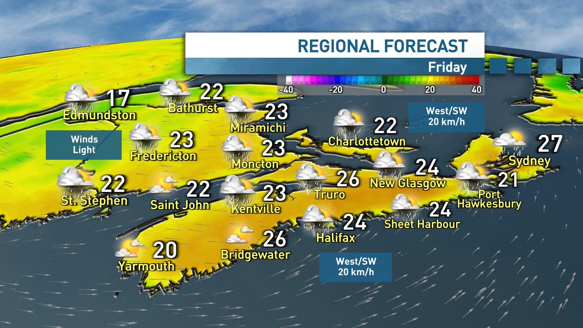 ryansnoddon's tweet image. Active this evening with showers and thunderstorms.
Cooler temperatures and less humid for Friday, with a chance of isolated showers & storms.
Nice Saturday for most, although lingering isolated showers for Cape Breton and eastern NS.
Humidity builds back in through Sunday.