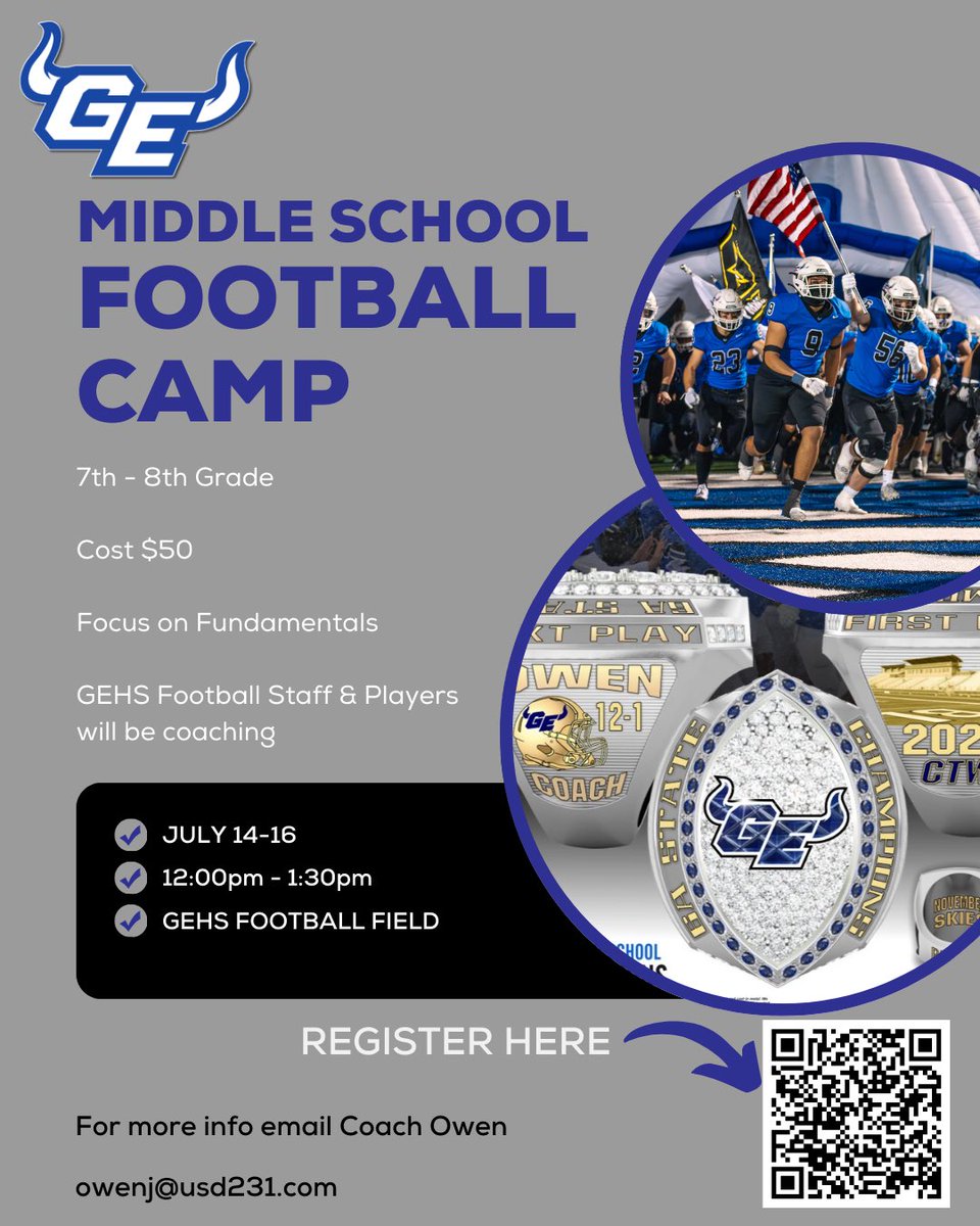 Gardner Edgerton Football (@getrailblazerfb) on Twitter photo 🏈 Celebrate the 4th of July, then gear up for football! Join our Gardner Edgerton Middle School & Youth Football Camps, led by our HS coaches & players. Sign up now using the QR codes below!
<a href="/CoachJesseOwen/">Jesse Owen</a>
<a href="/GEHSBlazers/">Gardner Edgerton High School</a>
#toGEther 🤘🏈 🏈 Celebrate the 4th of July, then gear up for football! Join our Gardner Edgerton Middle School & Youth Football Camps, led by our HS coaches & players. Sign up now using the QR codes below!
<a href="/CoachJesseOwen/">Jesse Owen</a>
<a href="/GEHSBlazers/">Gardner Edgerton High School</a>
#toGEther 🤘🏈