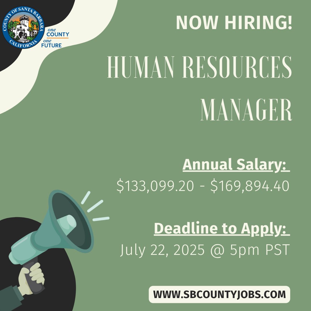 CountySBCareers's tweet image. COSB is seeking to fill Human Resources Manager positions within the Behavioral Wellness and Public Works Departments. For more information on these opportunities, please visit SbCountyJobs.com. The deadline to apply is July 22, 2025 at 5pm PST. #FederalEmployees #ApplyNow